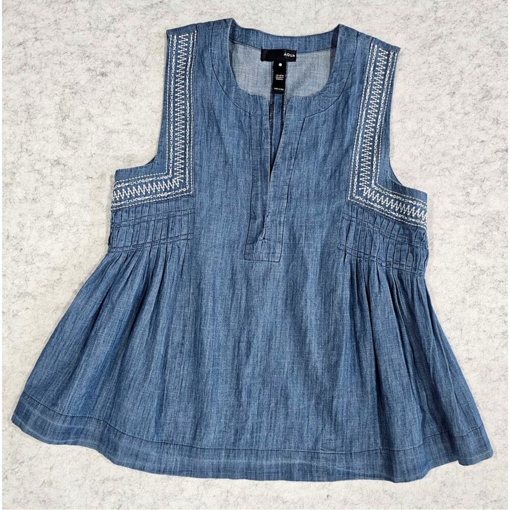 Aqua Denim Boho Top, White geometric embroidery, Pleated Bodice, Bohemian, Sz XS